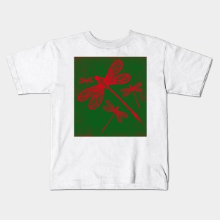 Red embroidered dragonflies on green Kids T-Shirt